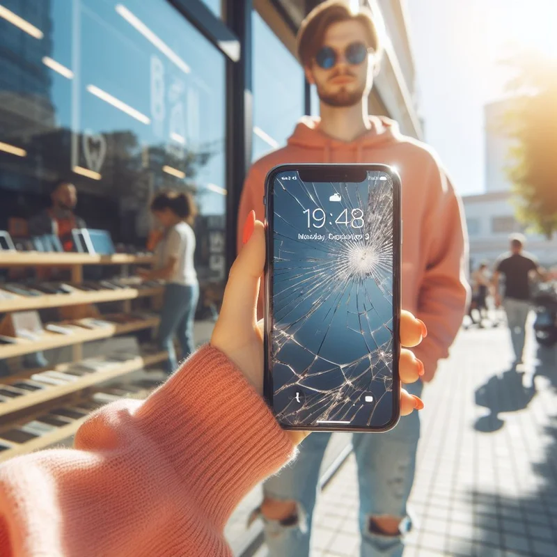 A person displaying a smartphone with a cracked screen outside the Tech Revive store, indicating they need the phone screen repaired.