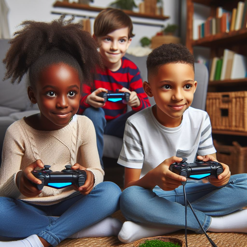 Three children sitting indoors and playing video games together, following the Ultimate Repair Guide for their PS4.