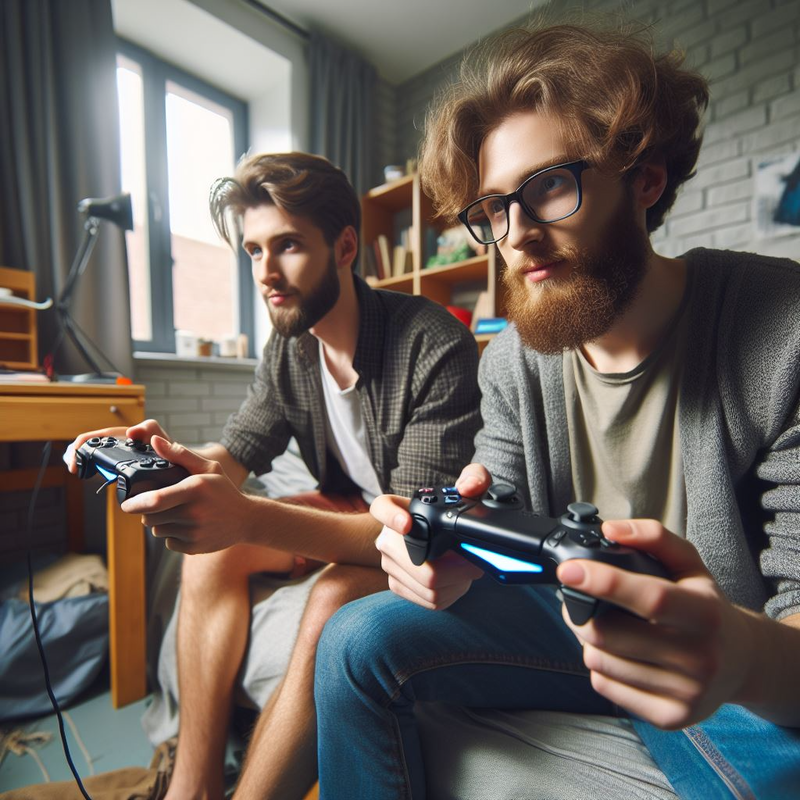 Two young men troubleshooting a PS4 while playing video games in a home setting.