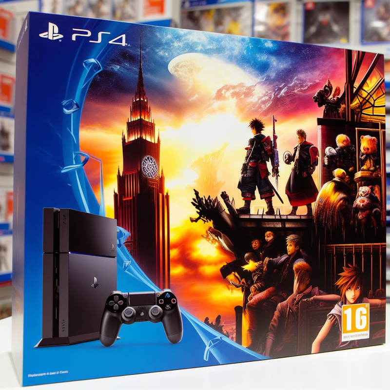 A Playstation 4 console box featuring artwork from a popular video game and the Ultimate Repair Guide.