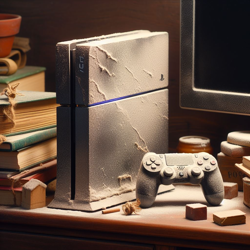 A dust-covered PS4 gaming console with a controller on a desk surrounded by books.