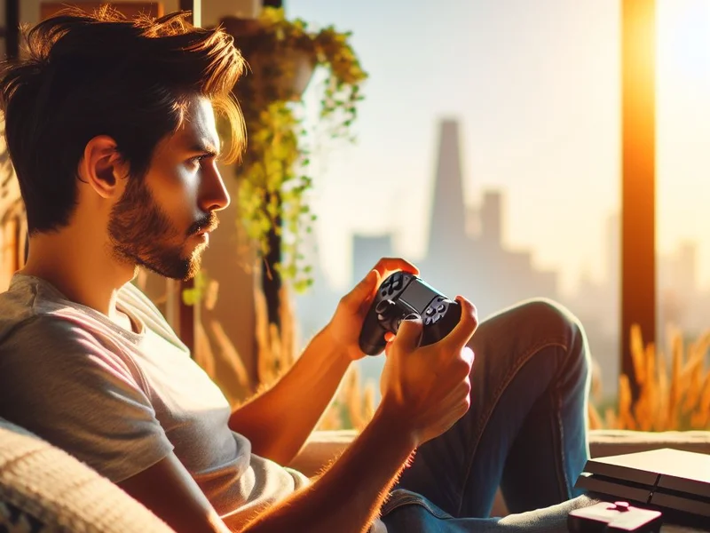 Young man playing video games with a PlayStation 4 controller, sitting beside a window overlooking a city skyline during sunset.