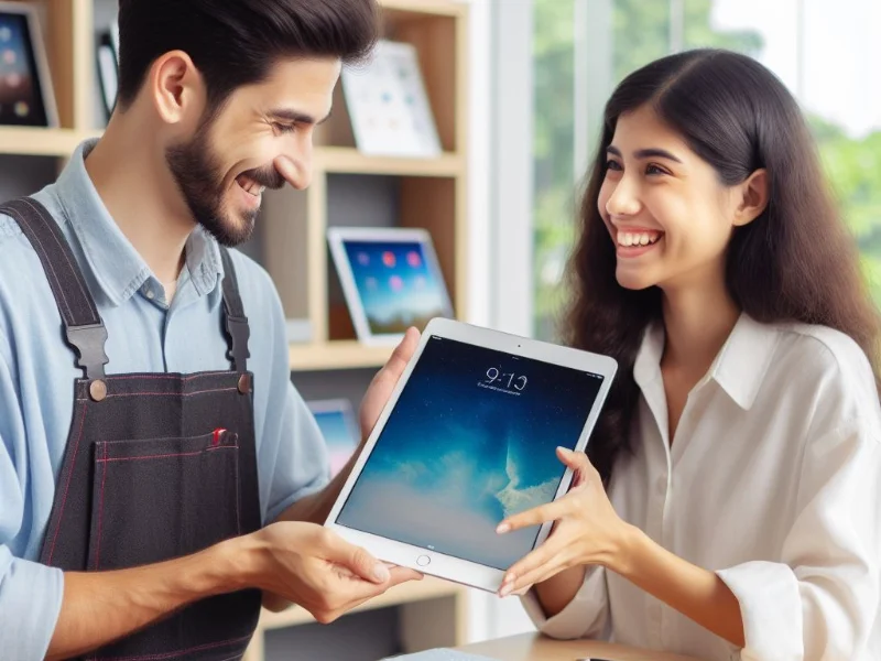 Two individuals smiling and looking at an iPad screen together following a successful screen replacement.