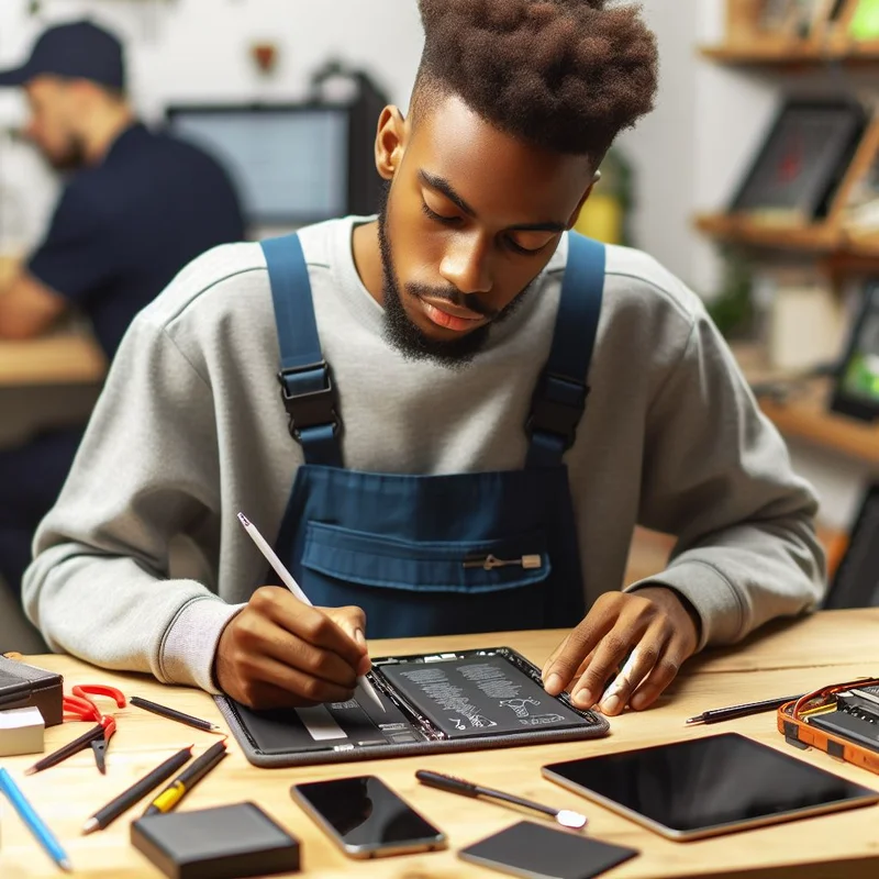 A focused technician performing a battery replacement on a mobile device using a digital tablet in a workshop setting.