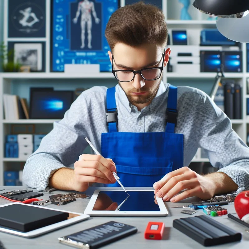 Technician in a blue apron meticulously performing an iPad repair at a cluttered workstation.