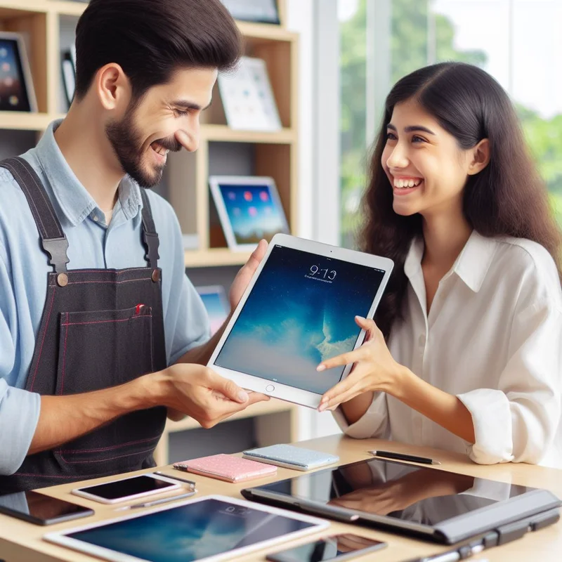 Two individuals evaluating a tablet's screen replacement options in a tech store.