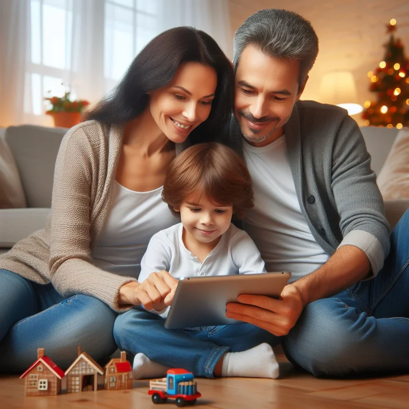 A family of three, including a mother, father, and child, sit on the floor using a tablet amidst Christmas decorations. Small toy houses and vehicles are scattered around. The parents recently consulted experts in computer repair to ensure their devices are in top shape for the holidays.