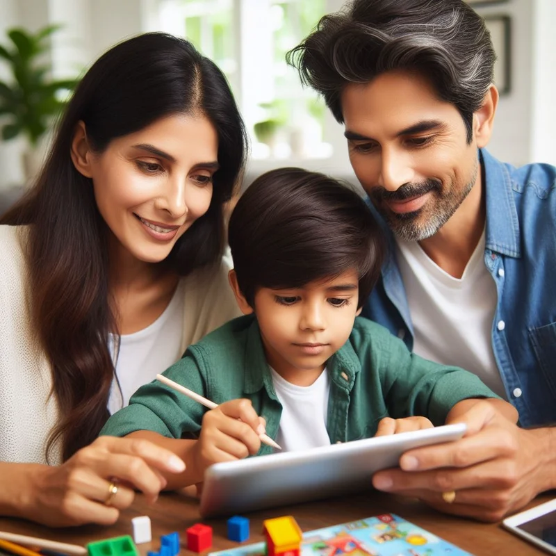 A family with a child using a tablet while being assisted by his attentive parents during an iPad repair.