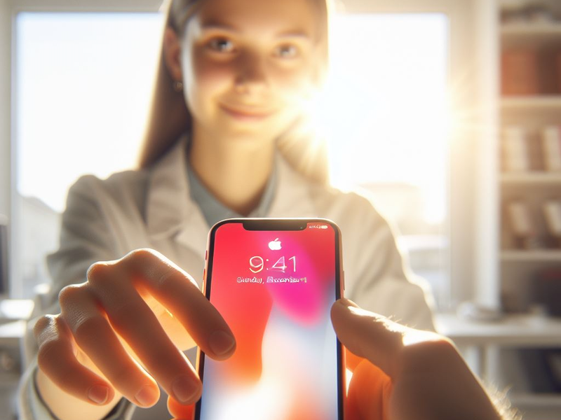 Woman in a lab coat presenting a smartphone showing the time 9:41, receiving phone repair services, with sunflare in the background.