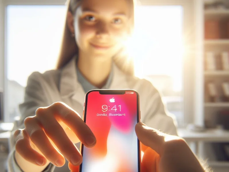 Woman in a lab coat presenting a smartphone showing the time 9:41, receiving phone repair services, with sunflare in the background.