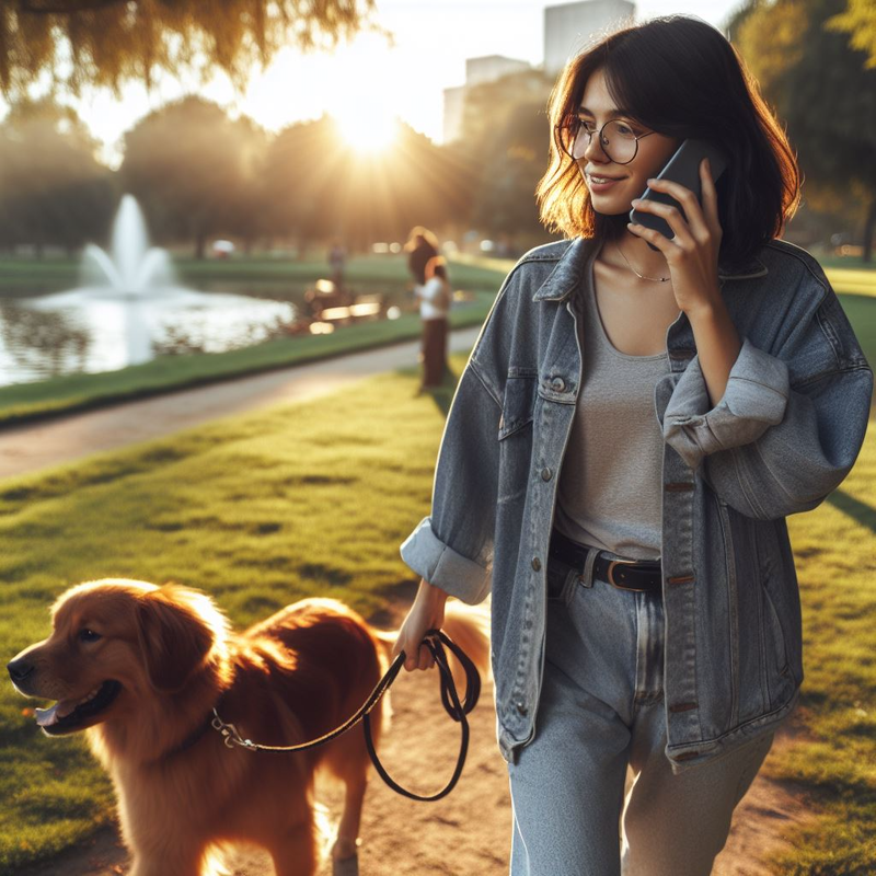 A woman talking on a smartphone while walking her golden retriever in a park at sunset, near a phone repair service.