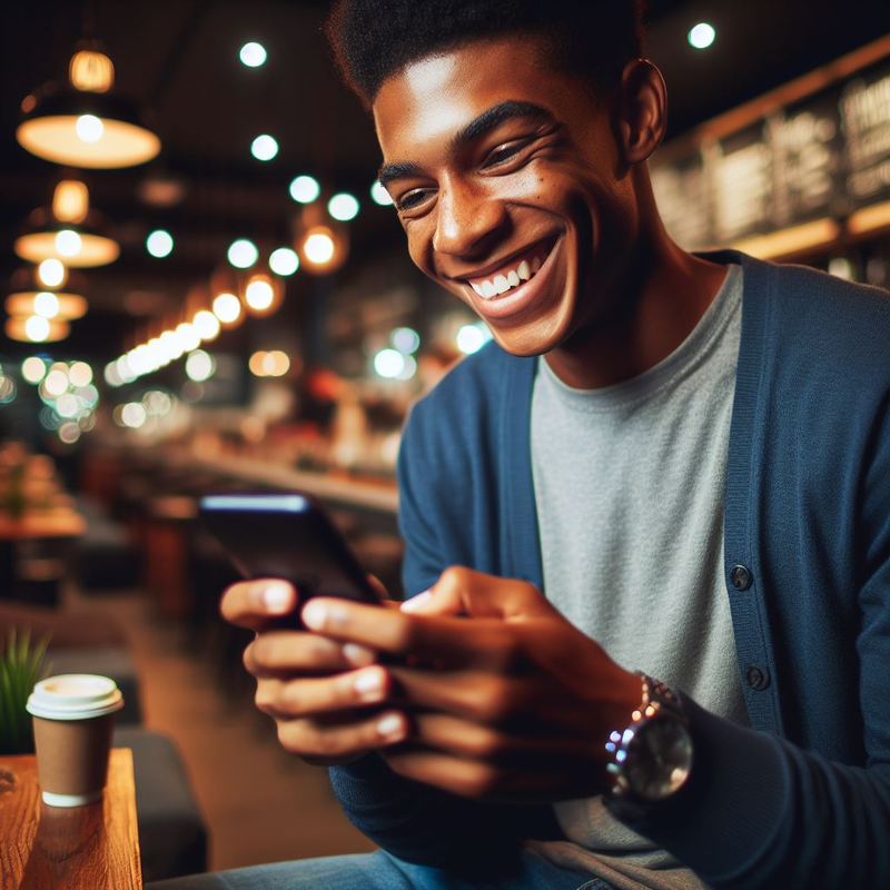 Young man smiling while using his smartphone in a warmly lit cafe with coffee on the table, possibly searching for phone repair services nearby.