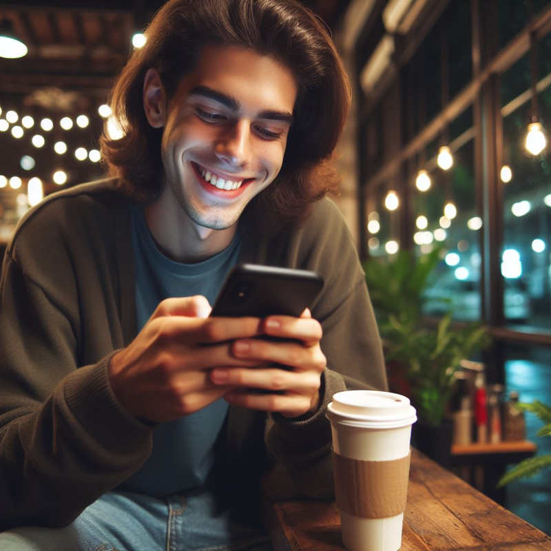 Young man smiling at his phone in a cozy cafe with string lights in the background and a coffee cup on the table, considering nearby Phone Repair Services.