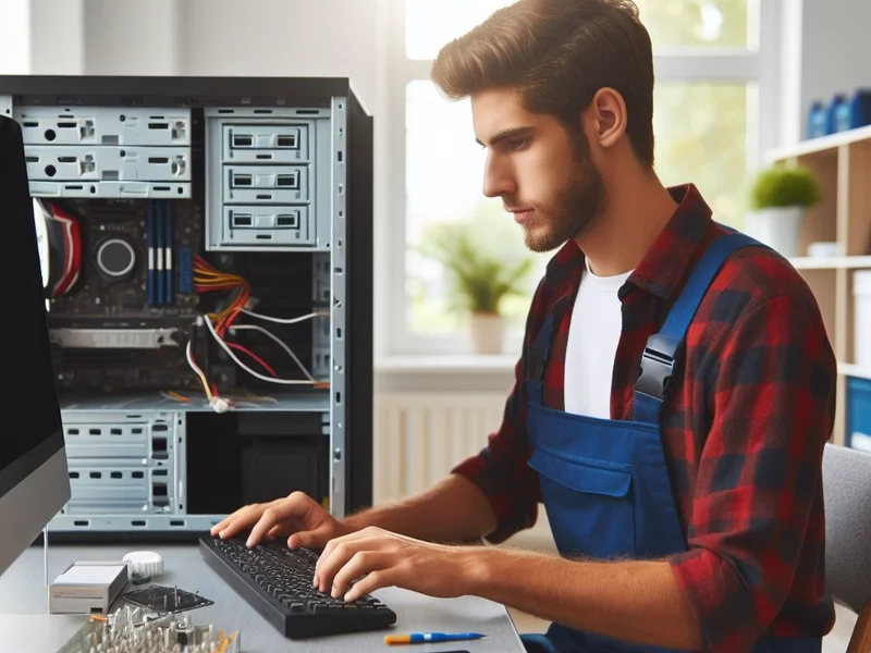 A technician in a plaid shirt and overalls typing on a keyboard while troubleshooting an open computer tower for computer repair.