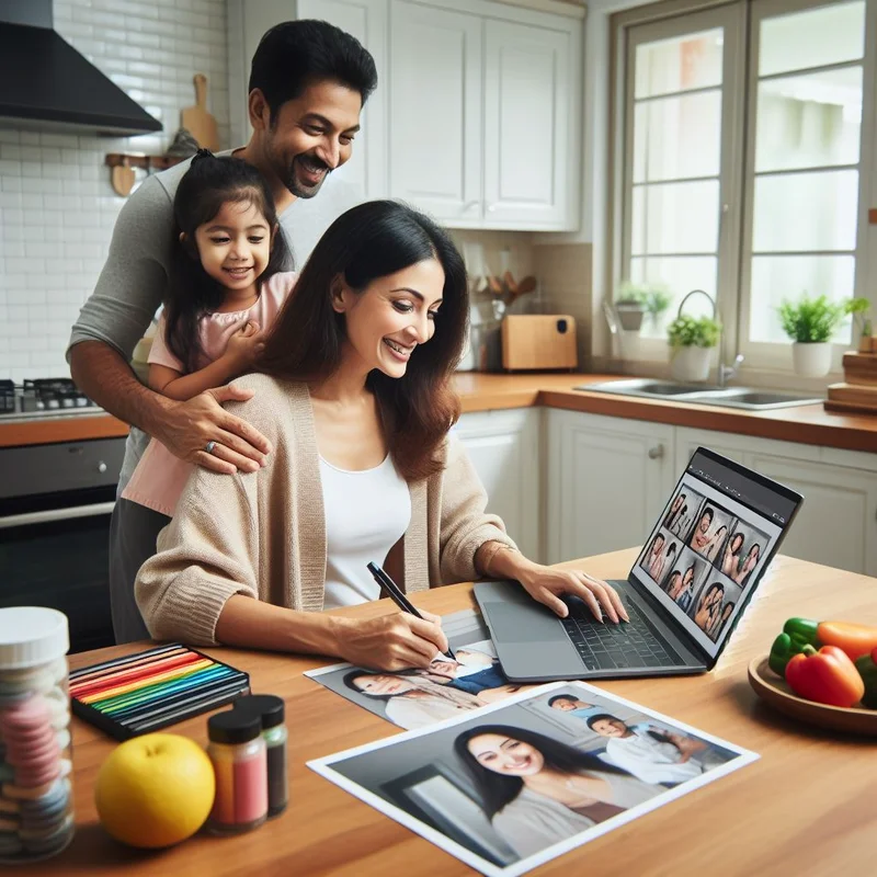 A family in a kitchen; a woman works on a laptop with images open, a man and a child embrace her from behind, smiling. Nearby is an ad for computer repair services. 