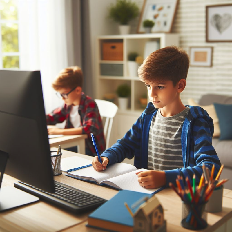 Two boys studying in a home environment, one writing in a notebook and another focused on computer repair.