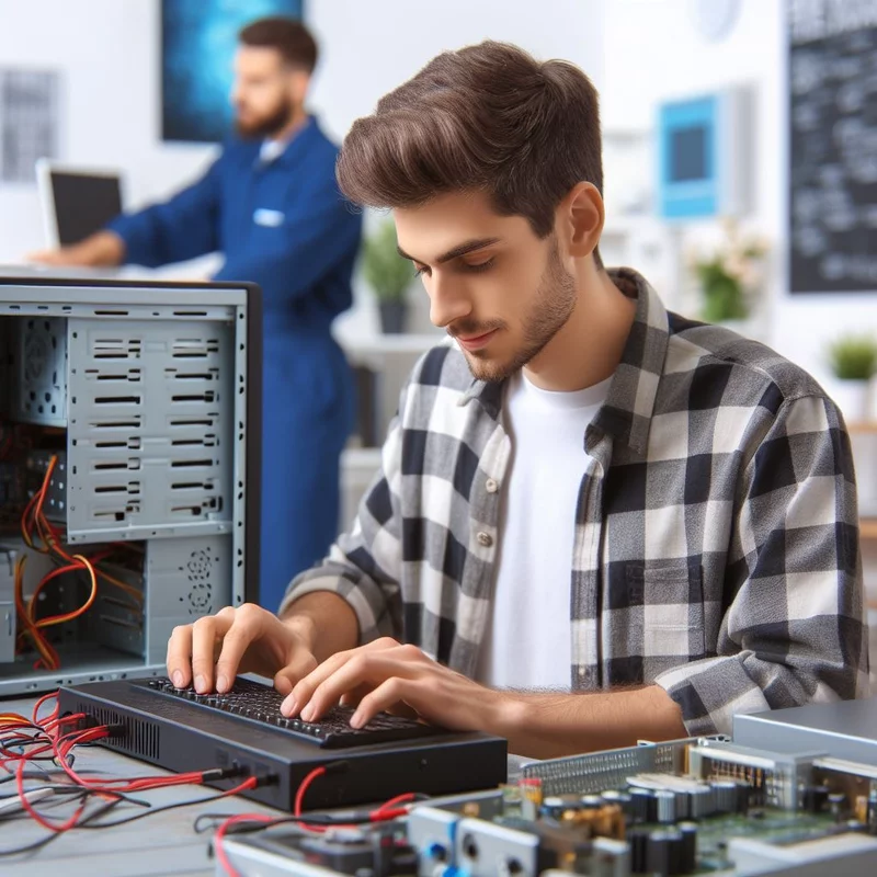 Young man in a plaid shirt repairs a desktop computer, focusing intently on the keyboard, with another man working in the background offering tablet repair services.