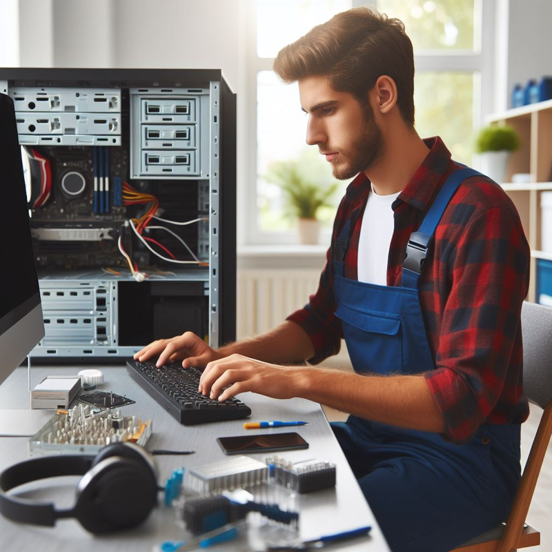 A technician in overalls types on a keyboard while working on a computer server tower, with various tools and components for computer repair on the desk.