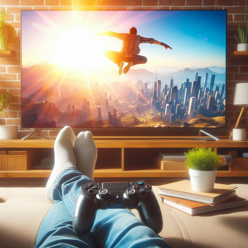 Person relaxing with feet up, playing a video game featuring a superhero flying over a cityscape on a PlayStation 4, depicted on a large TV in a cozy living room.