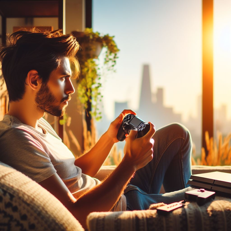 A young man playing video games on a PlayStation 4 repair couch at sunset, with a city skyline visible through the window.