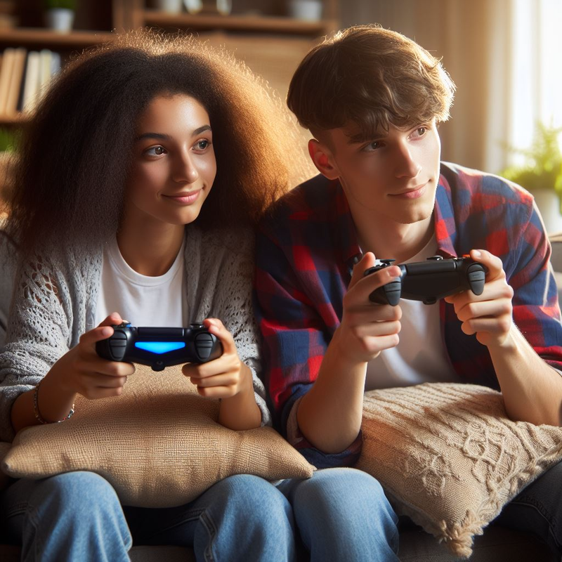 A young woman and man sit closely on a couch, focused on playing video games on their PlayStation 4 with controllers in their hands.