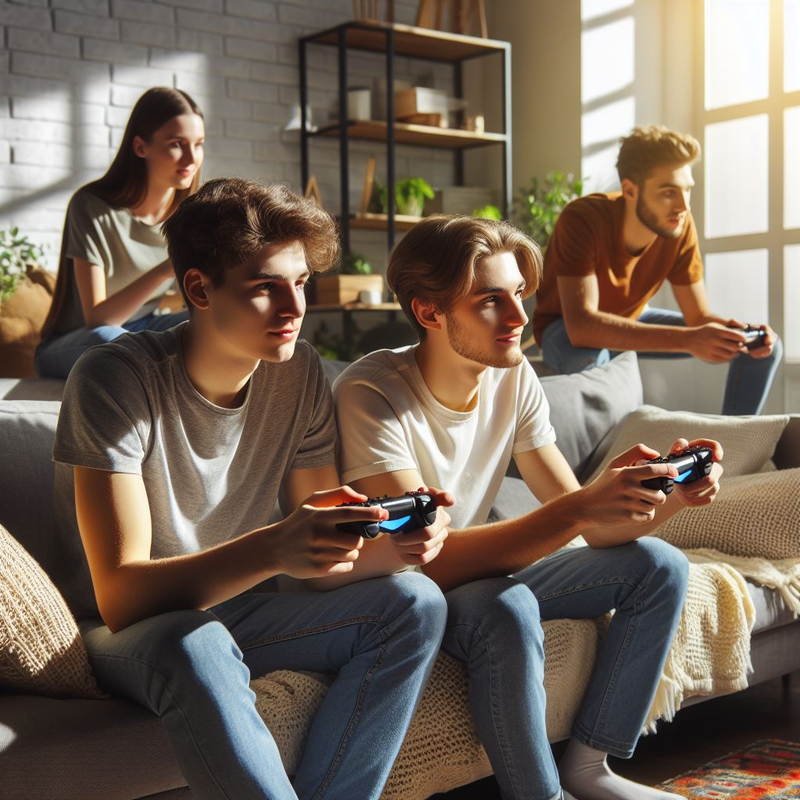 Three young people playing PlayStation 4 games with controllers on a couch in a sunlit living room, while another person watches from the back.
