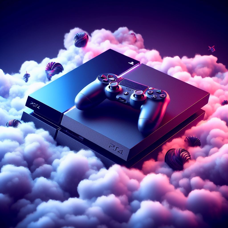 A PlayStation 4 console and controller surrounded by fluffy clouds, with stylized digital art elements in shades of purple and pink, ideal for showcasing before a console repair.