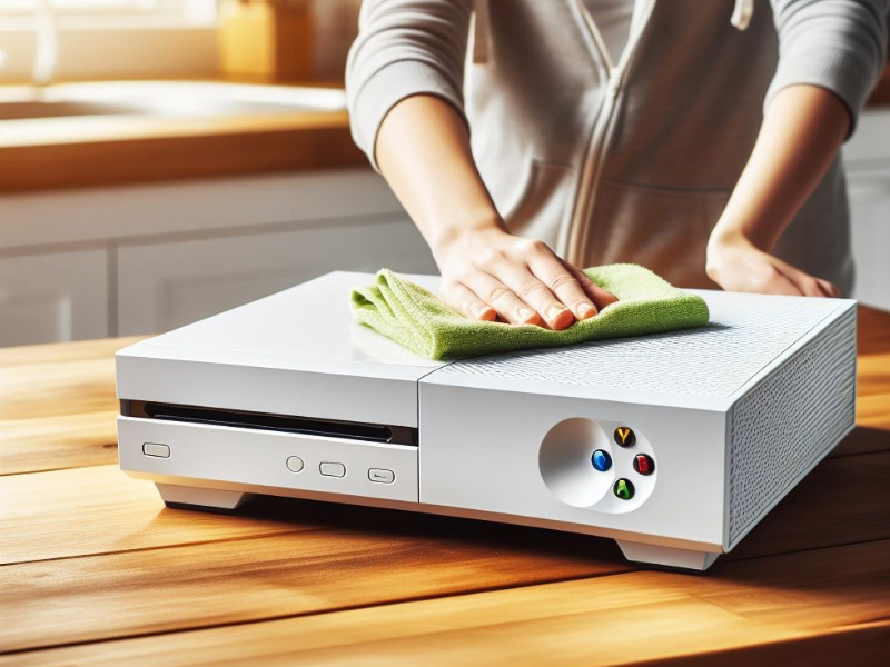 Person dusting a white Xbox with a green cloth, following the ultimate cleaning guide.