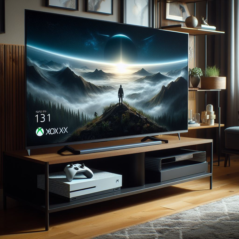Modern living room with a large tv displaying a sci-fi landscape, flanked by gaming console and soundbar on a wooden media unit, showcasing the Ultimate Guide to Cleaning Xbox.