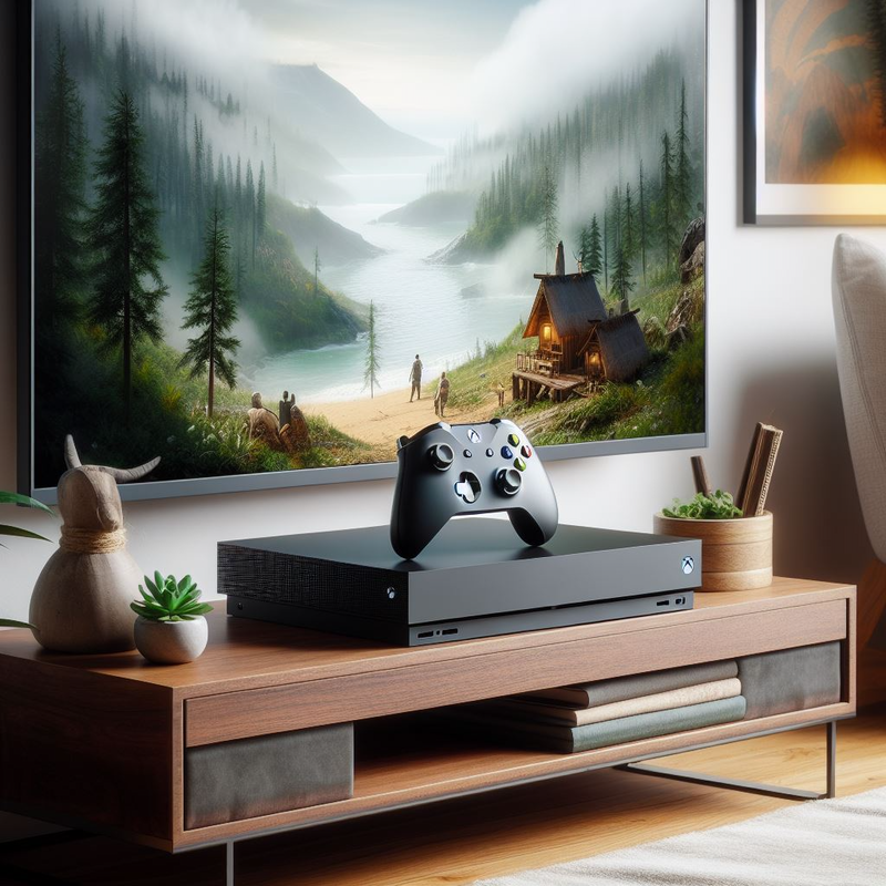 Modern gaming console with controller on a wooden media stand in a living room with a scenic landscape painting in the background, featuring Secrets of the Pros.