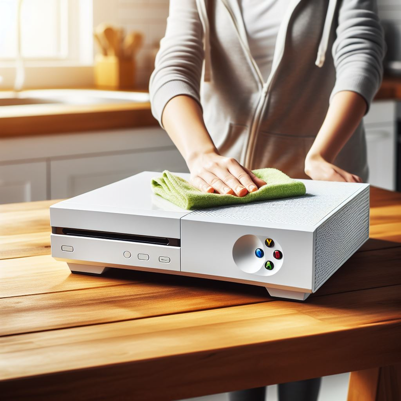 Person cleaning a white Xbox with a green cloth on a wooden table in a bright kitchen setting.