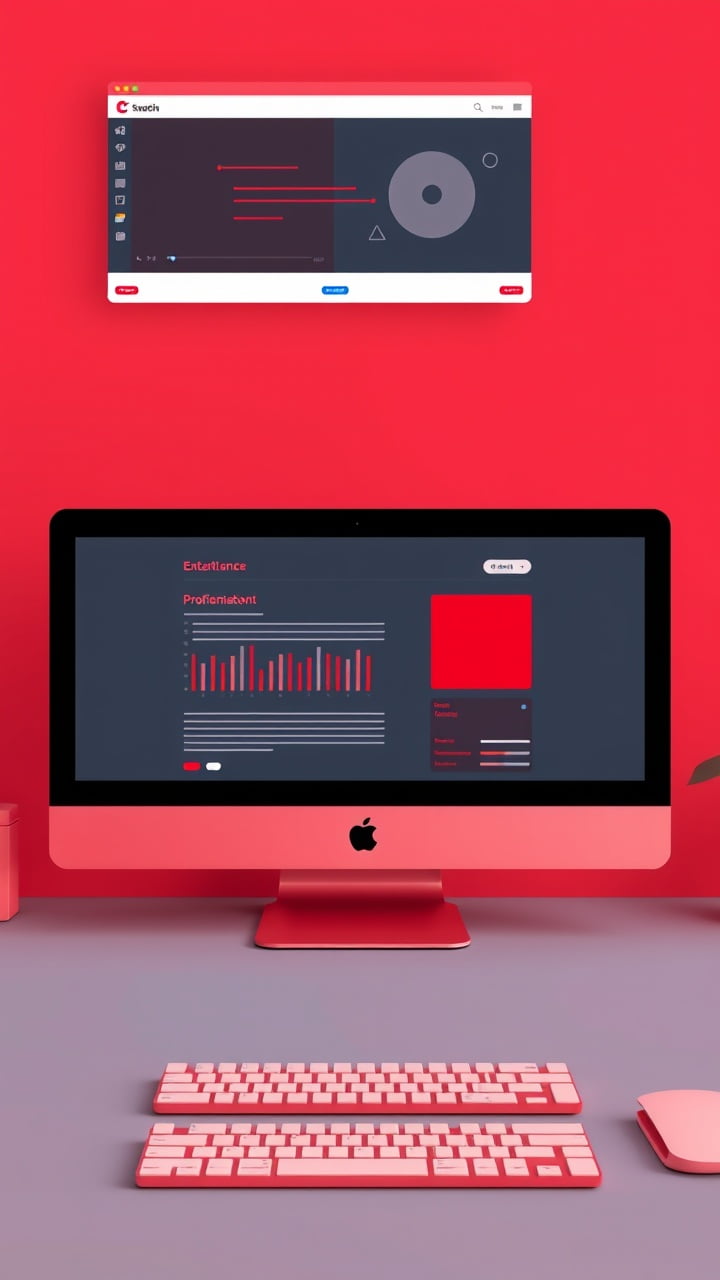 A red-themed home office setup with a desktop computer and keyboard. The computer screen displays a graph and text. A wall-mounted screen above shows a circular chart and a website interface.