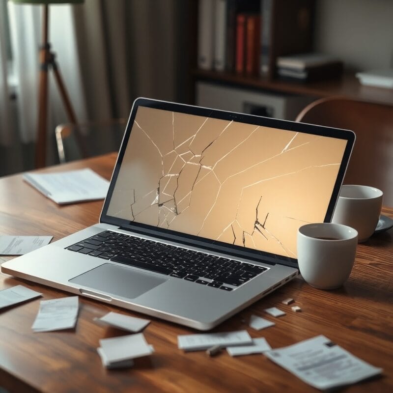 A laptop with a cracked screen sits on a wooden desk, surrounded by papers and two coffee mugs, awaiting repair.