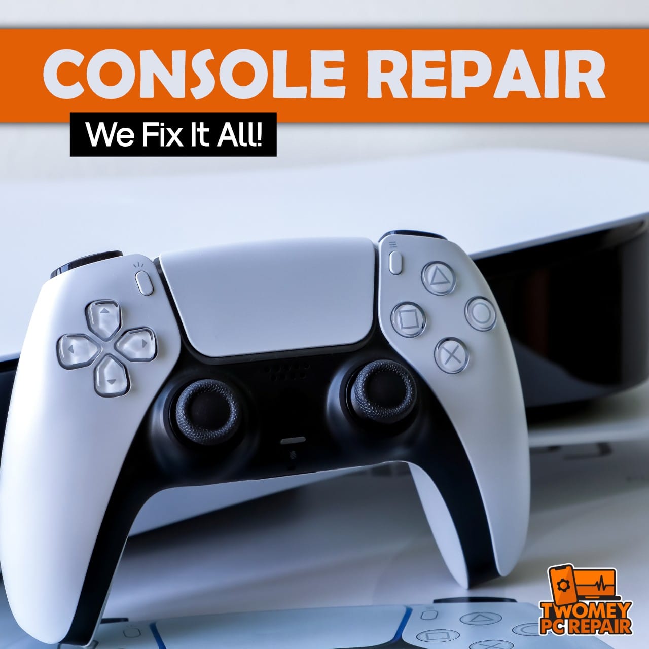 Close-up of a gaming console controller with the text "Console Repair - We Fix It All!" and a logo for Twomey PC Repair.