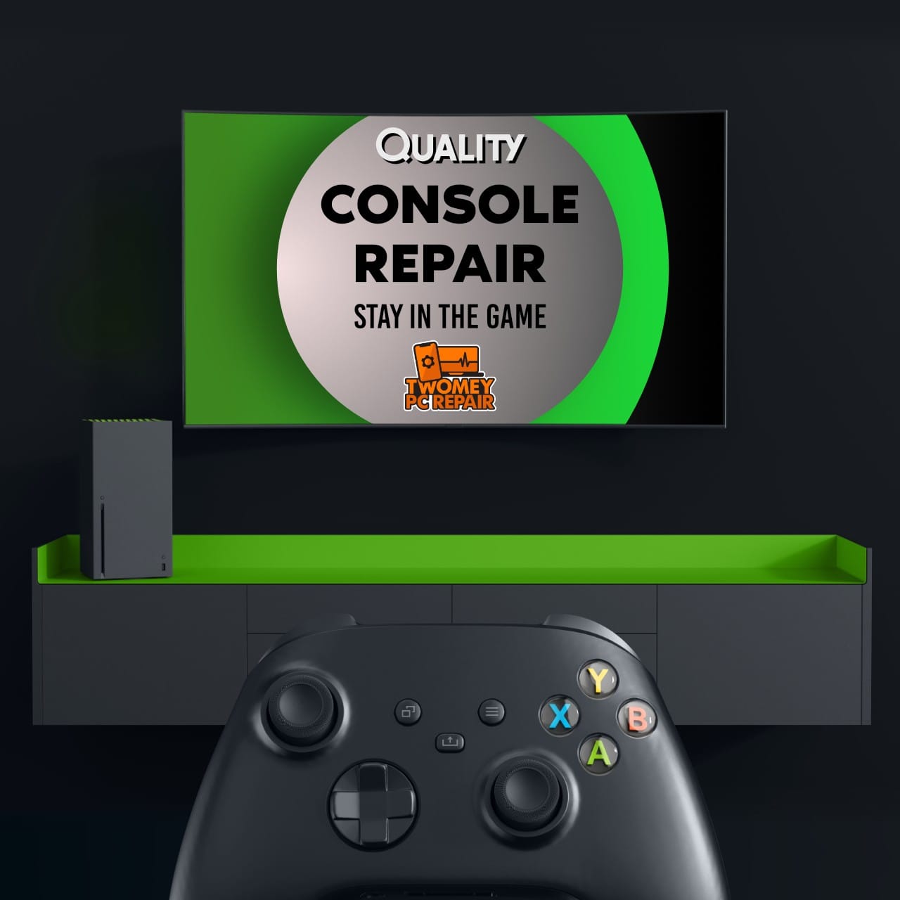 Gaming console and controller in front of a screen displaying "Quality Console Repair - Stay in the Game" with a company logo.