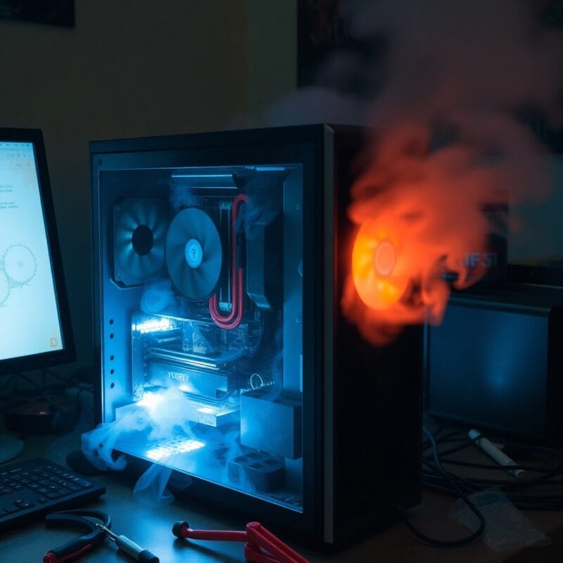 A computer with glowing internal components emits orange smoke from a side fan.