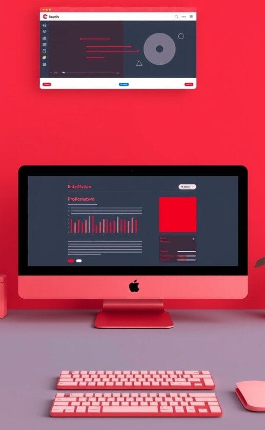 A red-themed home office setup with a desktop computer and keyboard. The computer screen displays a graph and text. A wall-mounted screen above shows a circular chart and a website interface. A red-themed home office setup with a desktop computer and keyboard. The computer screen displays a graph and text. A wall-mounted screen above shows a circular chart and a website interface.